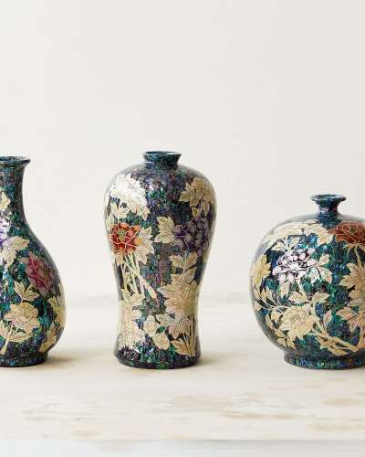 Premium Lacquerware with Mother-of-Pearl Blue Ceramic Vessels - Ewer, Vase, and Jar (Peony Pattern) by Park In-ho