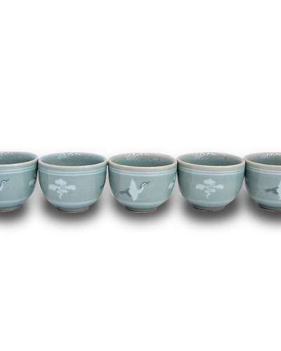 Inlaid Cloud and Crane Tea and Soju Cup Set, 5-piece Large Cups
