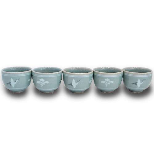 Inlaid Cloud and Crane Tea and Soju Cup Set, 5-piece Large Cups