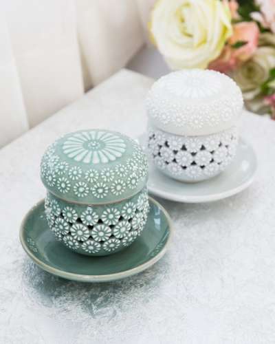 Celadon and White Porcelain Double Pierced Chrysanthemum Tea Cup Set - Kim Young-soo (2ps)