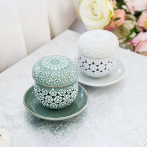 Celadon and White Porcelain Double Pierced Chrysanthemum Tea Cup Set - Kim Young-soo (2ps)