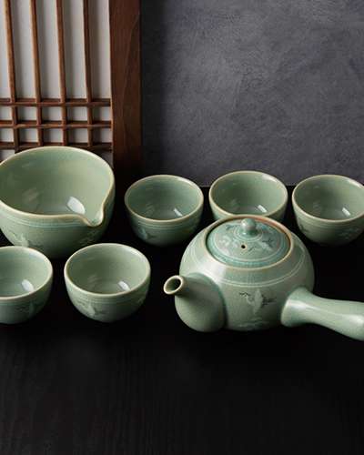 Celadon Cloud Crane Pattern 5-Person Tea Set
