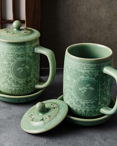 Celadon Traditional Cloud Crane Tea Cup Set (2pc)