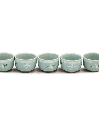Inlaid Clouds and Cranes Tea and Soju Cup Set, 5 Pieces
