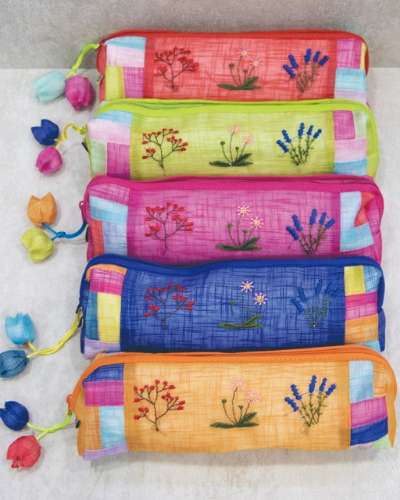 Ramie Embroidery Pencil Case - Random Color