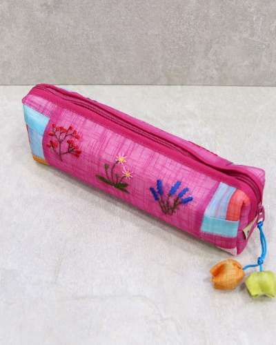 Ramie Embroidered Pencil Case - Random Color