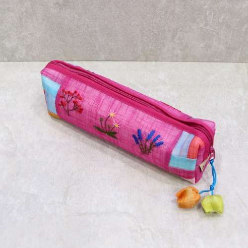 Ramie Embroidered Pencil Case - Random Color