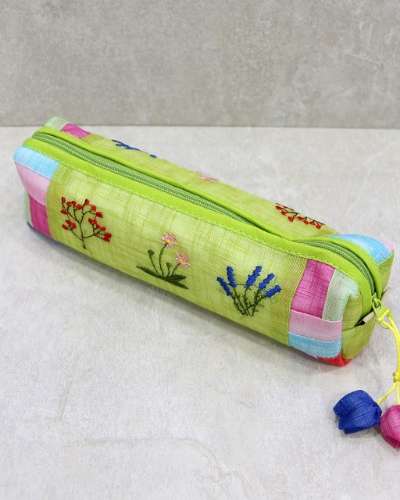 Ramie Embroidered Pencil Case - Random Color
