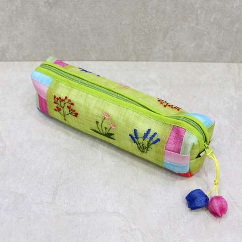 Ramie Embroidered Pencil Case - Random Color