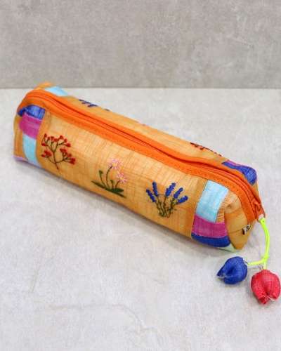 Ramie Embroidered Pencil Case - Random Color