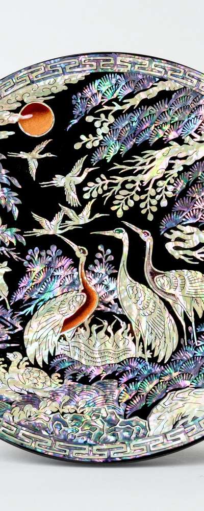 Inlaid Mother-of-Pearl Lacquerware Ten Symbols of Longevity Decorative Tray (24cm, Black) - Artwork by Kim Gil-su