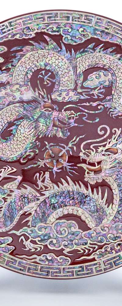 Inlaid Mother-of-Pearl Lacquerware Ten Longevity Symbols Decorative Abalone Tray with Dragon Pattern 25cm - Kim Gil-su