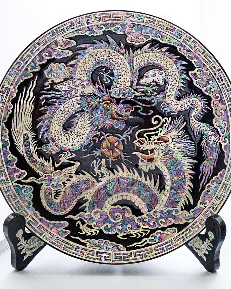 Najonchilgi Ten Symbols of Longevity Decorative Mother-of-Pearl Tray with Dragon Motif 25cm by Kim Gil-su