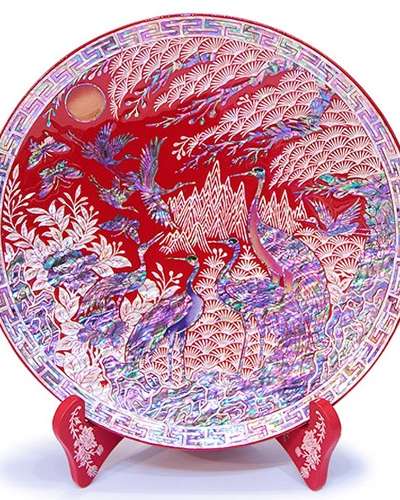 Moon, Pine, and Crane Mother-of-Pearl Tray (Red)