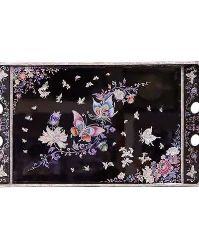 Mother-of-Pearl Flower and Butterfly Tray, Black (Large/Medium)