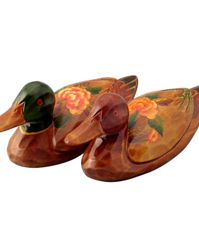 Wooden Peony Duck Set (Medium) - Traditional Duck Pair Gift