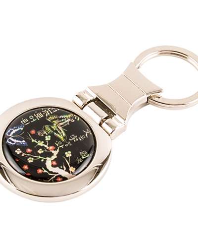 Mother-of-Pearl Round Keyring (Plum Blossom Butterfly, Black)