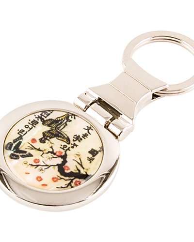 Mother-of-Pearl Round Keyring (Plum Blossom & Butterfly, White)
