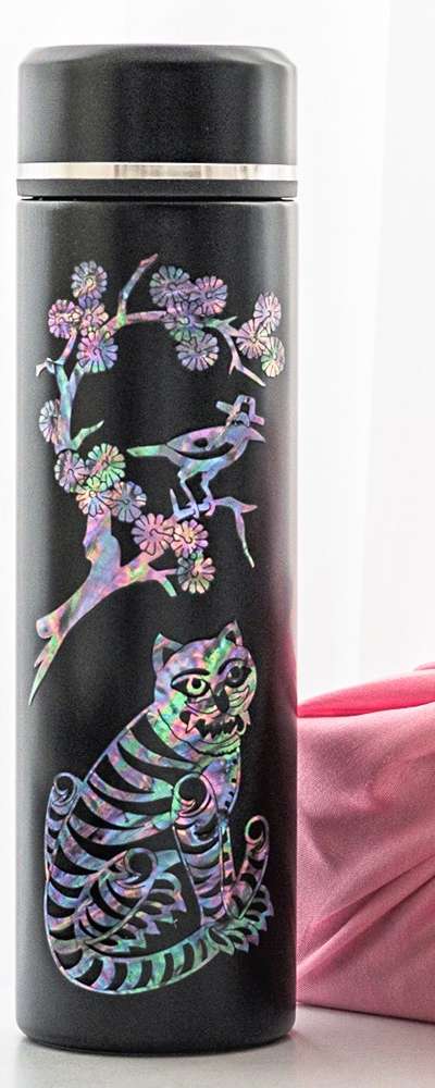 Nacre Lacquerware Stainless Steel Inlaid Tumbler - Magpie and Tiger 500ml