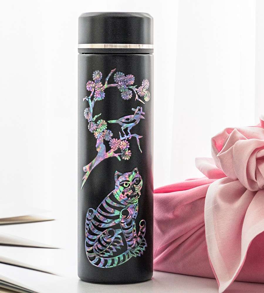 Nacre Lacquerware Stainless Steel Inlaid Tumbler - Magpie and Tiger 500ml