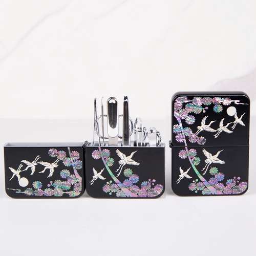 Three Seven 777 Mother-of-Pearl Nail Clipper Set - Pine Tree and Crane/Deer and Crane - Premium Gift Traditional Korean Souvenir with Engraving Option