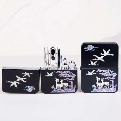 Mother-of-Pearl Three-Seven 777 Nail Clipper Set - Deer and Crane with Pine Design - Premium Gift Traditional Korean Souvenir with Engraving Option