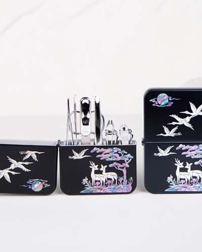 Mother-of-Pearl Three-Seven 777 Nail Clipper Set - Deer and Crane with Pine Design - Premium Gift Traditional Korean Souvenir with Engraving Option