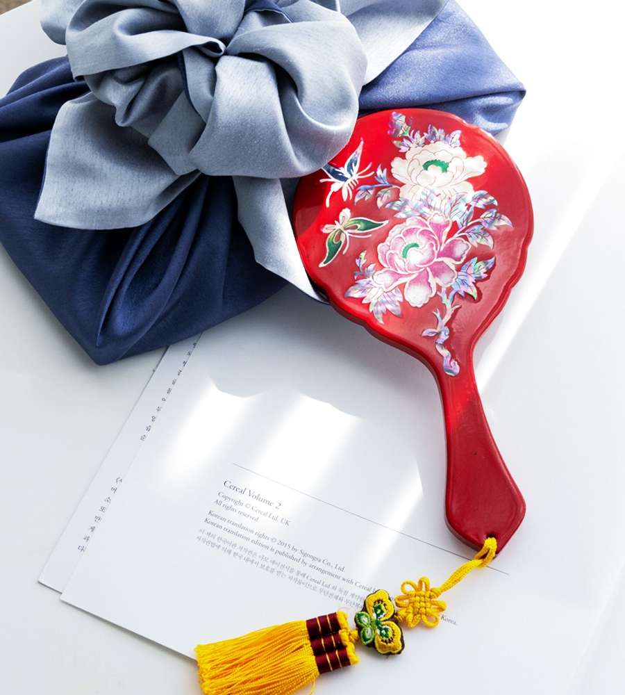 Mother-of-Pearl Inlay Hand Mirror with Handle - Peony Design (Red, Black)