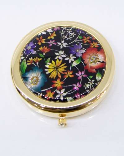 Premium Mother-of-Pearl One-Touch Compact Mirror (Flower Black)