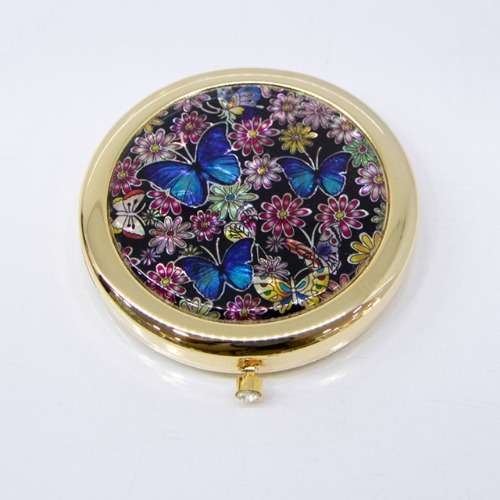 Premium Mother-of-Pearl One-Touch Compact Mirror (Blue Butterfly)