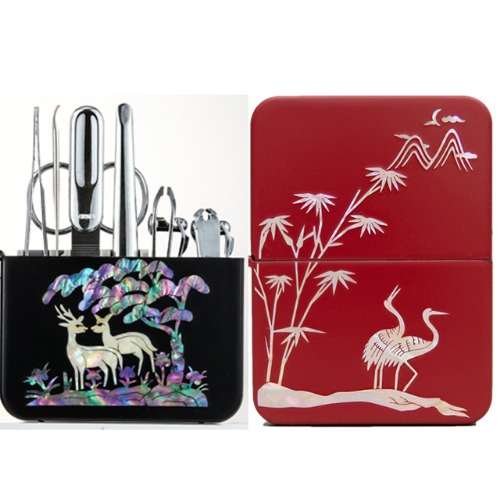 Premium Mother-of-Pearl Nail Clipper Set (Double Cranes, Red)