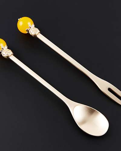 Brass Teaspoon Fork Set - Citrine (Yellow Crystal)