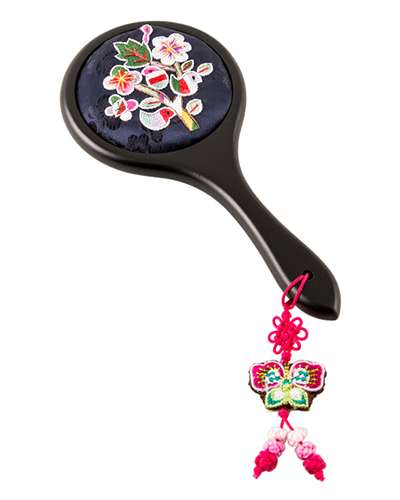 Embroidered Flower Hand Mirror (Navy, C01)