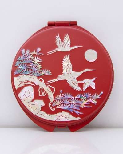Premium Mother-of-Pearl Inlay Hand Mirror (Pine and Crane, Red)