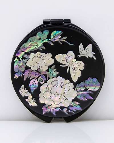 Premium Mother-of-Pearl Inlaid Hand Mirror (Peony Black)