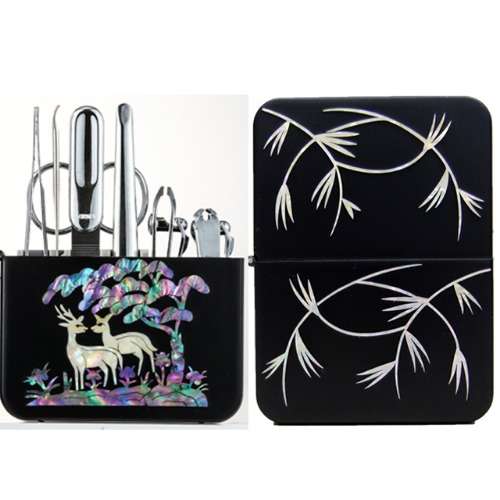 Premium Mother-of-Pearl Inlay Nail Clipper Set (Bamboo, Black)