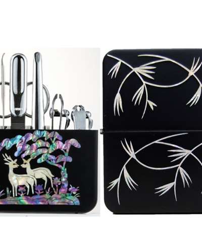 Premium Mother-of-Pearl Inlay Nail Clipper Set (Bamboo, Black)