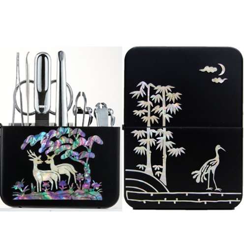 Premium Mother-of-Pearl Nail Clipper Set (Cranes and Moon, Black)