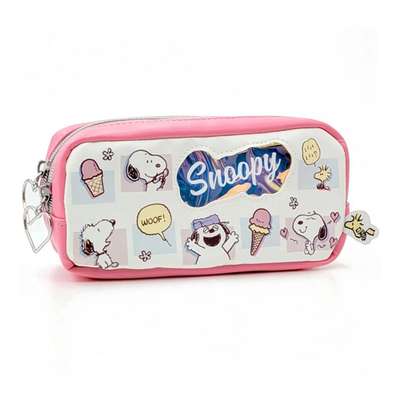 Snoopy Character Double Pen Pouch Quilted Pencil Case (Ice Cream Pink)