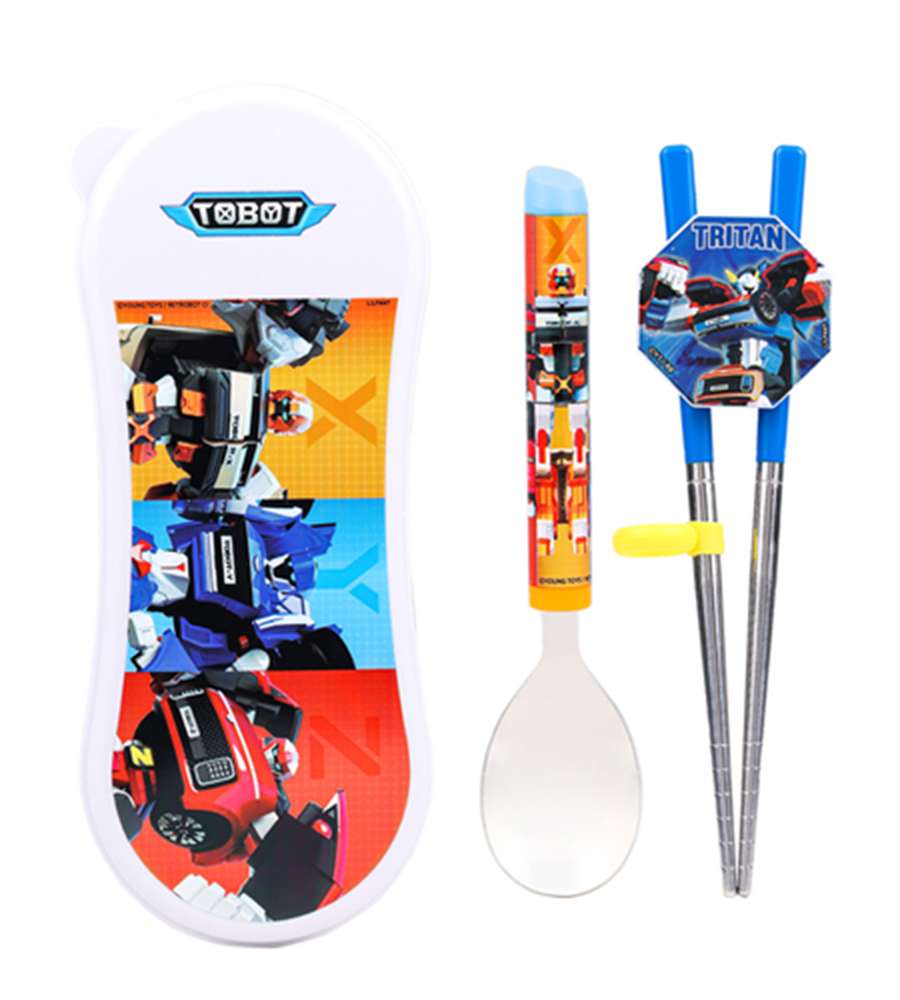 Tobot Character Kinder Stainless Steel Training Chopsticks Spin Puzzle Spoon Case 3-Piece Set 585252