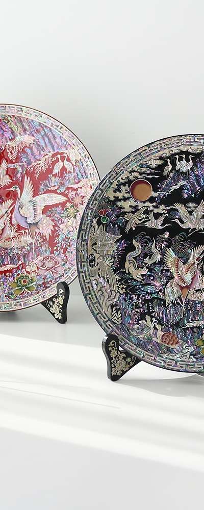 （ランジェ）螺鈿漆器 鶴 円形 装飾用 貝細工盆 30センチ