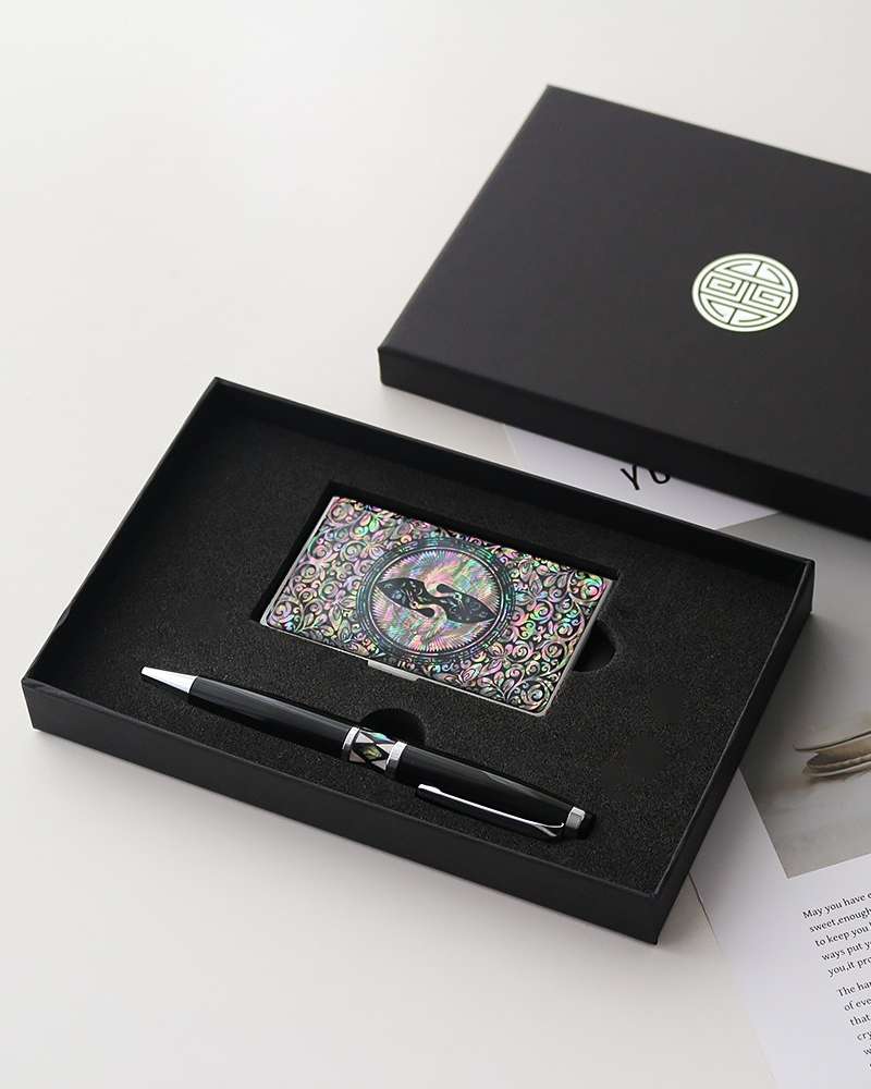 (2-Piece Set) Black Mother-of-Pearl Business Card Case N + Gift Mother-of-Pearl Ballpen
