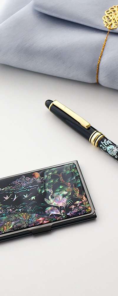 (2種)ギフト用ブラック螺鈿名刺入れケースN+螺鈿ボールペン