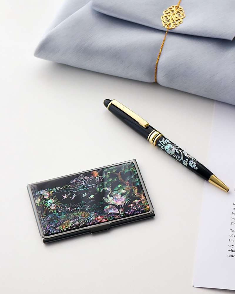 (2-Piece Set) Black Mother-of-Pearl Business Card Case N + Mother-of-Pearl Ballpoint Pen