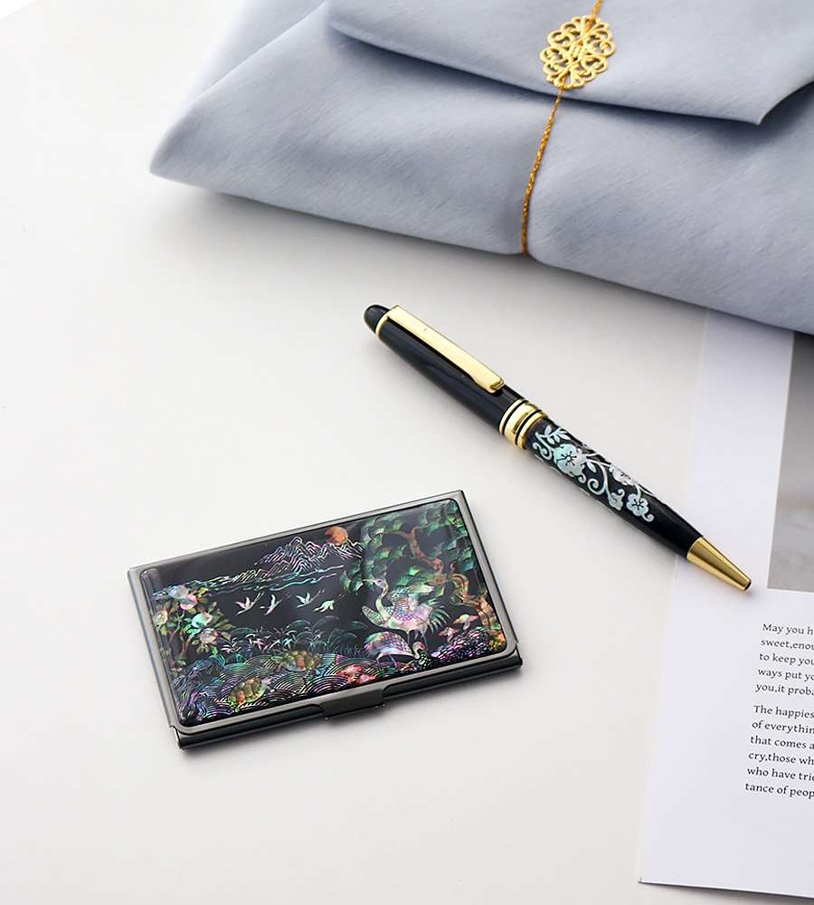 (2-Piece Set) Black Mother-of-Pearl Business Card Case N + Mother-of-Pearl Ballpoint Pen