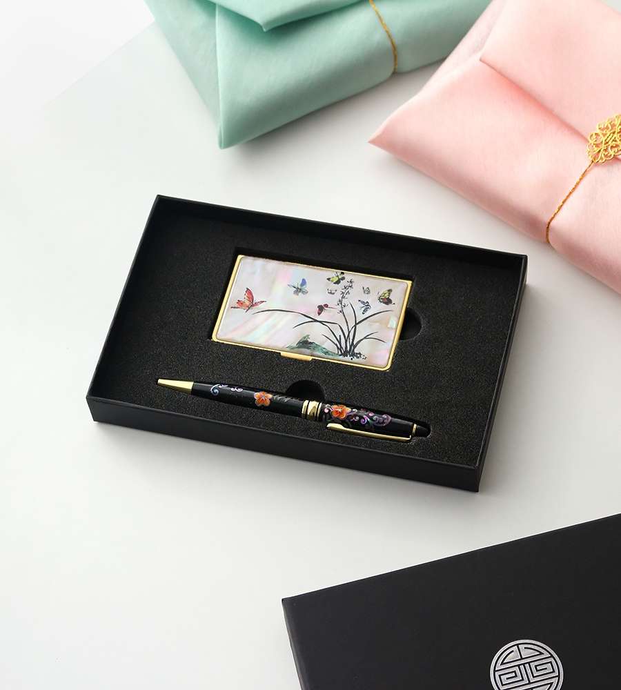 (2-Piece) Gold Mother-of-Pearl Business Card Case + Colored Plum Full-Marking Mother-of-Pearl Ballpoint Pen Gift Set