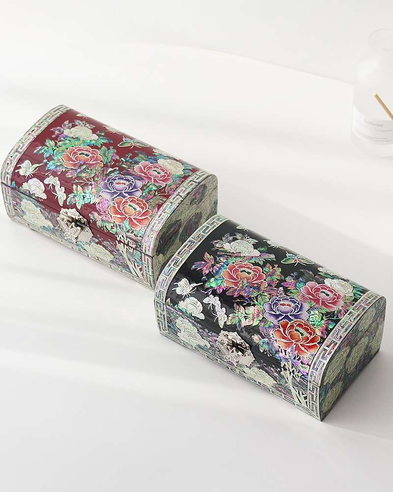 Mother-of-Pearl Lacquerware Peony Garden Circular Jewelry Box 18cm