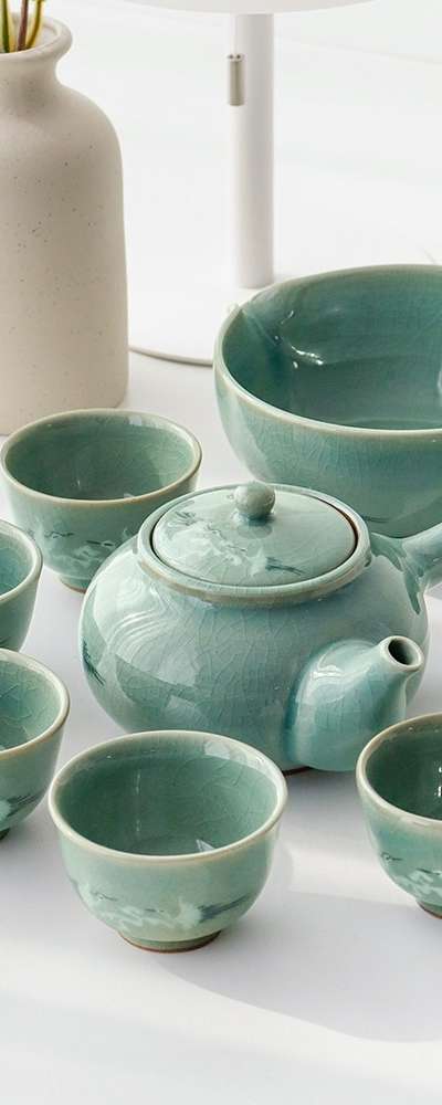 陶城青磁 雲鶴 5人茶器セット