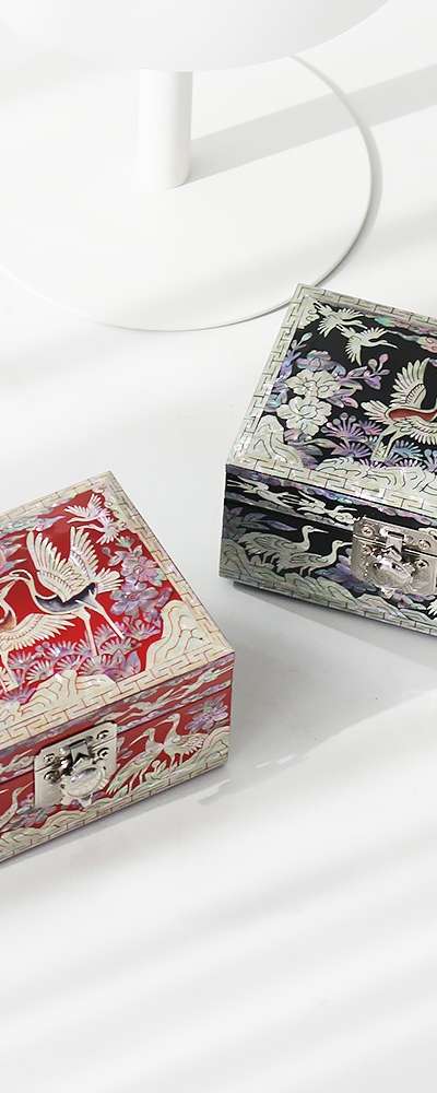 螺鈿漆器 牡丹鶴 ミニ 貝細工ジュエリーボックス 12センチ