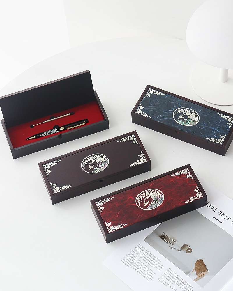 Mother-of-Pearl Lacquerware Oval Pen Case (Plum Blossom) + Mother-of-Pearl Ballpoint Pen (Plum Blossom) + Pen Refill Set